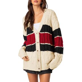 Saodimallsu Womens Color Block Cardigan V Neck Button Up Oversized Long Sleeve Fall Open Front Cable Knit Sweater Coat