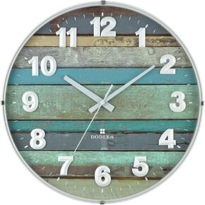 DODEKA Round Decorative Wall Clock Plastic Frame 13.5 Inch Blue Wooden Pattern Color Dial Silent Movement for Indoor, Home, Living Room, Office, Bedroom, Hotel