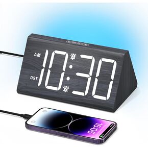 Wooden Digital Alarm Clocks for Bedrooms, Large Numbers Digital Clock with 7 Colors Ambient Light, 5 Level Brightness, Plug in Bedside Clock for Heavy Sleeper with 3 Level Volume, Snooze, DST