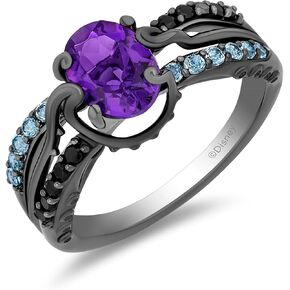 Jewelili Enchanted Disney Fine Jewelry Black Rhodium over Sterling Silver with 1/8 CTTW Diamonds, Amethyst and Swiss Blue Topaz Ursula Ring, Size 7