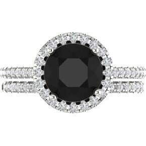 2.66 carat Round Cut Halo Solitaire accent Natural Black Onyx Wedding Anniversary Bridal Ring band set 14k White Gold