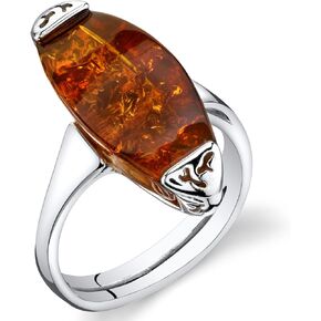 PEORA Genuine Baltic Amber Gallery Ring for Women 925 Sterling Silver, Large Statement Stone, Rich Cognac Color Sizes 5 to 9