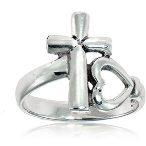Hoops & Loops 925 Sterling Silver Cross and Sideways Open Heart Statement Fashion Christian Spiritual Ring for Women Men
