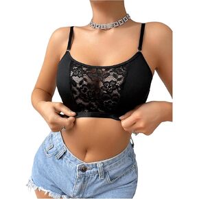OYOANGLE Women's Floral Lace Wireless Bras Scoop Neck Spaghetti Strap No Padding Light Support Bralettes