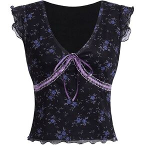 Milumia Women's Ditsy Floral V Neck Cap Sleeve T Shirt Lettuce Trim Mesh Tops