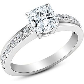1.5 Carat Lab Grown Synthetic Princess Classic Single Row Side Stone IGI Certified Diamond Engagement Ring (1 Ct, I-J Color, SI1-SI2 Clarity Center)
