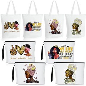Roowest 8 Pcs African American Make up Bags for Black Girl 4 Pcs African American Tote Shoulder Handbag Bags 4 Pcs Cosmetic Bag