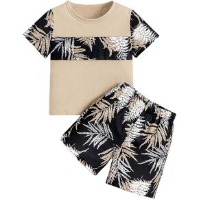 SweatyRocks Boy's 2 Piece Outfits Tropical Print Colorblock Short Sleeve T Shirts and Shorts Set