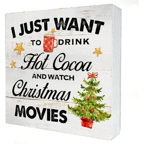 Christmas Kitchen Wood Box Sign Home Decor, Rustic I Just Want to Drink Watch Christmas Movies Tiered Tray Sign Christmas Wooden Box Sign Block Plaque