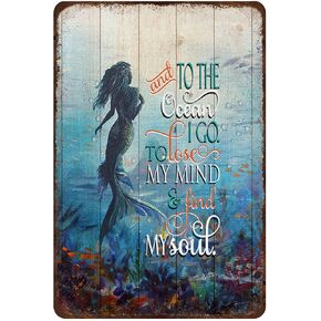 Mocozim Rustic Retro Metal Tin Sign and to The Ocean Mermaid Wall Art Vintage Metal Tin Sign Cafe Store Club Bedroom Bathroom Novelty Retro Parlor Courtyard Wall Decor 8''x12''Inch