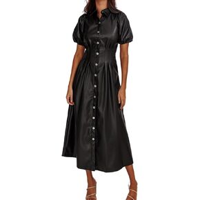 Womens Faux Leather Lapel Collared Pleated Button Down Short Sleeve Tunic Midi Dress Casual A-line Long Dress