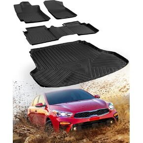 DiffCar® for KIA Forte Floor Mats & Cargo Liner 2024 2023 2022 2021 2020 2019, Custom Fit All-Weather TPE Floor Trunk Mat, Car Accessories for Forte S FE LX LXS EX GT Line Interior Protection 4-Piece