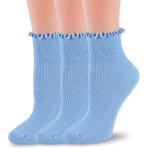 Women Ruffle Crew Socks Lightweight Thin Stripe Turn-Cuff Cute Girls Cotton Socks 3 Pairs