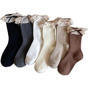 6 Pairs Womens Bow Socks Ruffle Casual Crew Socks, Cute Lettuce Edge Socks, Soft Breathable Cotton Frilly Dress Socks