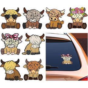 8Pcs Highland Cow Car Decals Assorted Brown Cow Vinyl Decals Self-Adhesive Cute Bumper Sticker for Car Truck Computer Suitcase Mailbox Decor