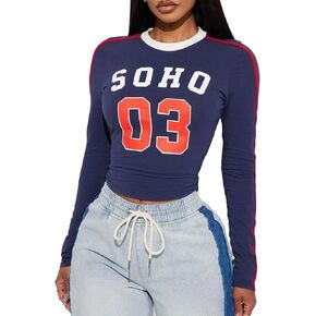 Women Long Sleeve Graphic Crop Top Tee Letter and Number Print Stripe Slim Fit Tight Shirt Club Outfits
