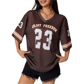 SOLY HUX Women's Y2k Jersey Shirts Graphic Mesh Oversized T Shirt Letter Print V Neck Half Sleeve Tee Tops