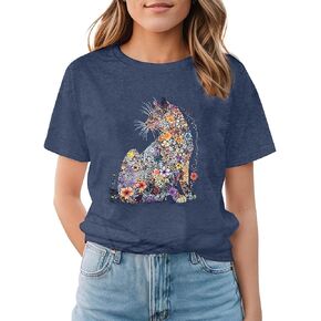 Cat Lady Shirts for Women Cut Cat Floral Printed Shirts Cat Mom T-Shirt Casual Short Sleeve Tops in Kuwait