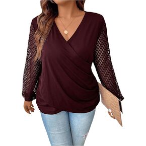 SOLY HUX Women's Plus Size T Shirts Lace V Neck Criss Cross Wrap Ruched Bishop Long Sleeve Tee Tops