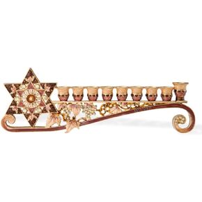 Matashi 9.25 Inch Long Hand Painted Enamel Menorah Candelabra Embellished with a Star of David Design and Embellished with Gold Accents Crystals