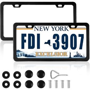 Car Plate Frame 2P, Rust-Proof Aluminum License Plate Frames with Screw Caps and Fasteners, Matte Black License Plate Frames for Front and Rear Car Tags