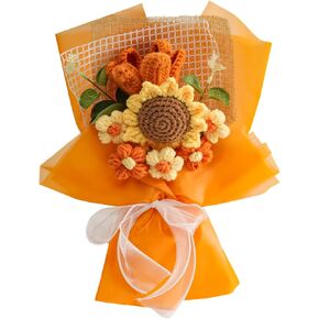 JSPYFITS Crochet Flowers Bouquet, Handdmade Knitted Bouquet Flower, Eternal Flowers Bouquet for Girlfriend Mother,Valentine's Birthday Wedding Gift (Pink Tulips Sunflower)