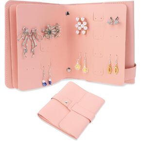 Pink Travel Earring Holder Organizer Stud Earring Storage Case Organizer Roll with Foldable Book Design Foldable Jewelry Box Portable Pu Leather Travel Earring Case for Women