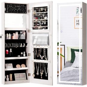 47.5’’ Wall/Door Mounted Jewelry Mirror Cabinet with 3 Adjustable Height, Lockable Jewelry Armoire with LED Touch Screen Mirror, Makeup Full Length Mirrored Jewelry Organizer (White)