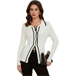 Verdusa Women's Ribbed Knit Button Down Cardigan Collared Fitted Elegant Sweater Outerwear