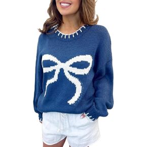 Women Y2K Coquette Bow Sweater Long Sleeve Crewneck Ribbon Pullover E Girl Aesthetic Sweatshirt Vintage Streetwear