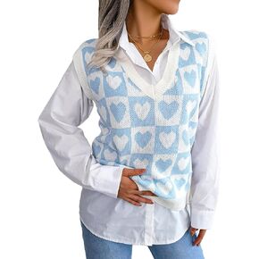 V Neck Sweater Vest for Women Cute Heart Printed Sleeveless Pullover Sweater Casual Loose Knit Tank Tops