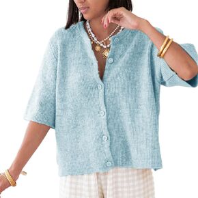 Womens Button Up Short Sleeve Cardigans Sweater Cropped Lightweight Round Neck Elegant Knit Tops with Pockets