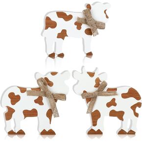Redbaker 3 Pcs Cow Christmas Table Decor Wooden Tiered Tray Decor Farmhouse Tabletop Block Sign Rustic Wood Centerpieces Decorations for Xmas Home Office Table Shelf Decor