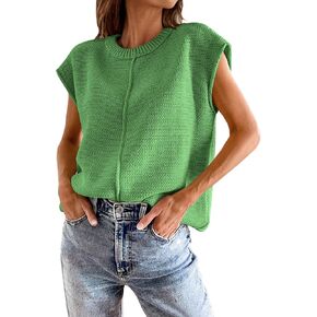 ATHMILE Womens Cap Sleeve Tops Casual Crew Neck Loose Fit Knit Lightweight Sweater Pullover Summer Outfits Fashion Vest