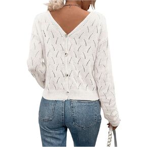 GORGLITTER Women's Button Back Knit Sweater Long Sleeve Hollow Out V Neck Lightweight Pullover Tops