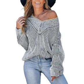 CUPSHE Women's Oversized Striped Sweaters Casual Long Sleeve V Neck Pullover Jumper Tops