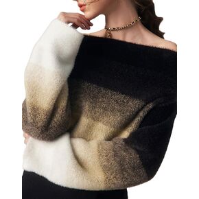 D-Sun Women's Oversized Off The Shoulder Sweater Casual Color Knit Pullover Sweater Long Sleeve Loose Striped Tops