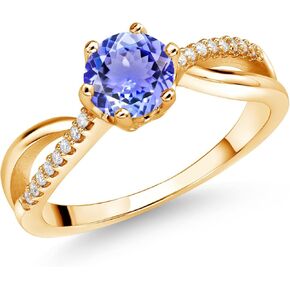 Gem Stone King 18K Yellow Gold Plated Silver Ring Round Tanzanite and Moissanite (0.98 Cttw)