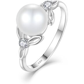 JO WISDOM Women Pearl Ring,925 Sterling Silver Cubic Zirconia Celtic Knot Pearl Ring with 8mm White Freshwater Cultured Pearl Ring