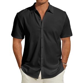Men's Short Sleeve Dress Shirts Stretch Wrinkle Free Casual Button Down Solid Formal Top