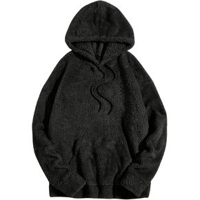 Men's Long Sleeve Fuzzy Teddy Hoodie Drop Shoulder Drawstring Hooded Pullover Sweatshirt with Pocket
