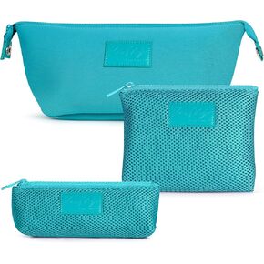 Kat Myhr Neoprene Washable Travel Makeup & Cosmetic Bag Set, 2 Air Mesh Pouches,100% Neoprene Toiletry Bag, Large Water Resistant Travel Bag for Toiletries, Makeup Cosmetic Travel Bag (Turquoise)
