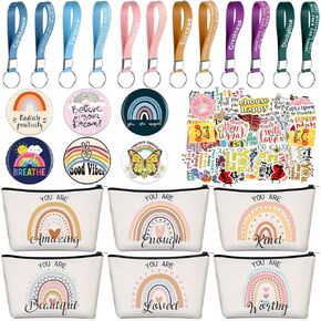 Pinkunn 68 Pcs Inspirational Gifts Bulk Inspirational Quote Key Chains Rainbow Canvas Cosmetic Bags Motivational Stickers Inspirational Button Badge for Christmas Gifts Teacher Women