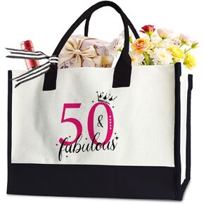 50th Birthday Tote Bag for Woman, 50 & Fabulous Bag for Grandma Wife Sister Mom, 17 x 11.8 x 7 Inches