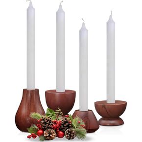 Advent Candles w/Wooden Candlestick Holders (4 pc) - 10-Hour Burn Time White Candles - Mango Wood Natural Candle Holder & Paraffin Wax Tapered Candles - Wooden Candle Stand for Christmas Decor
