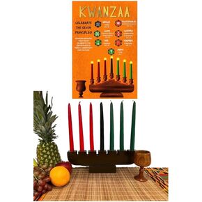 Brown Kwanzaa Kinara Candle Set with Kwanzaa Poster, Wood Candle Set, Kwanzaa Kinara Set, Wood Kinara, Unity Cup, Bamboo Mat, Kwanzaa Celebration Decoration, African American Artwork