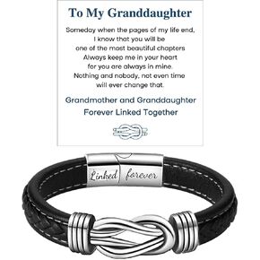 Grandmother and Granddaughter Forever Linked Together Braided Leather Bracelet, To My Granddaughter Infinity Knot Leather Bracelet Stainless Steel Engraved Jewelry for Birthday Christmas