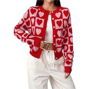 MakeMeChic Women's Plaid Heart Print Crew Neck Button Down Cardigan Sweaters Long Sleeve Cute Cardigan