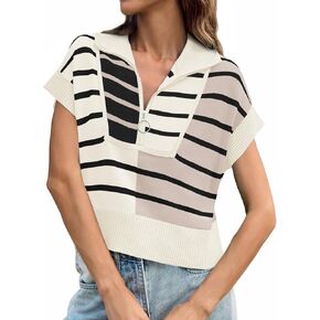 Saodimallsu Womens Quarter Zip Crop Tops Summer Striped Cap Sleeve Color Block V Neck Going Out Knit Trendy Sweater
