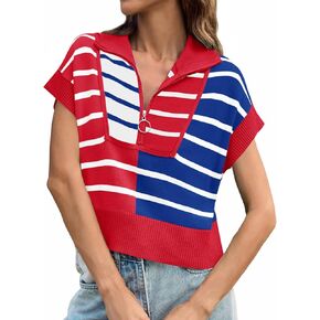 Saodimallsu Womens Quarter Zip Crop Tops Summer Striped Cap Sleeve Color Block V Neck Going Out Knit Trendy Sweater in Kuwait